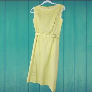 Vtg 60s Handmade Yellow Cotton Day Dress Lace Trim & Matching Belt - Small